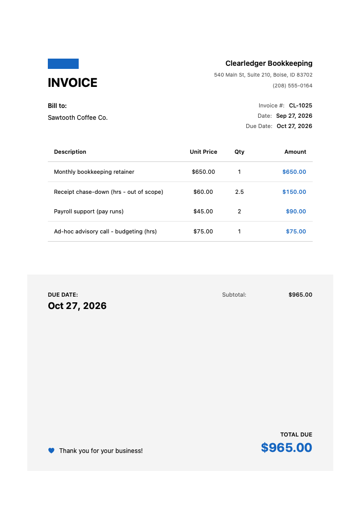 Bookkeeper Invoice Template Example — monthly retainer plus out-of-scope receipt chase-down, payroll support and advisory call