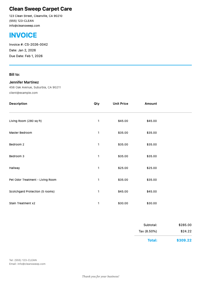 Professional Carpet Cleaning Invoice Template Example