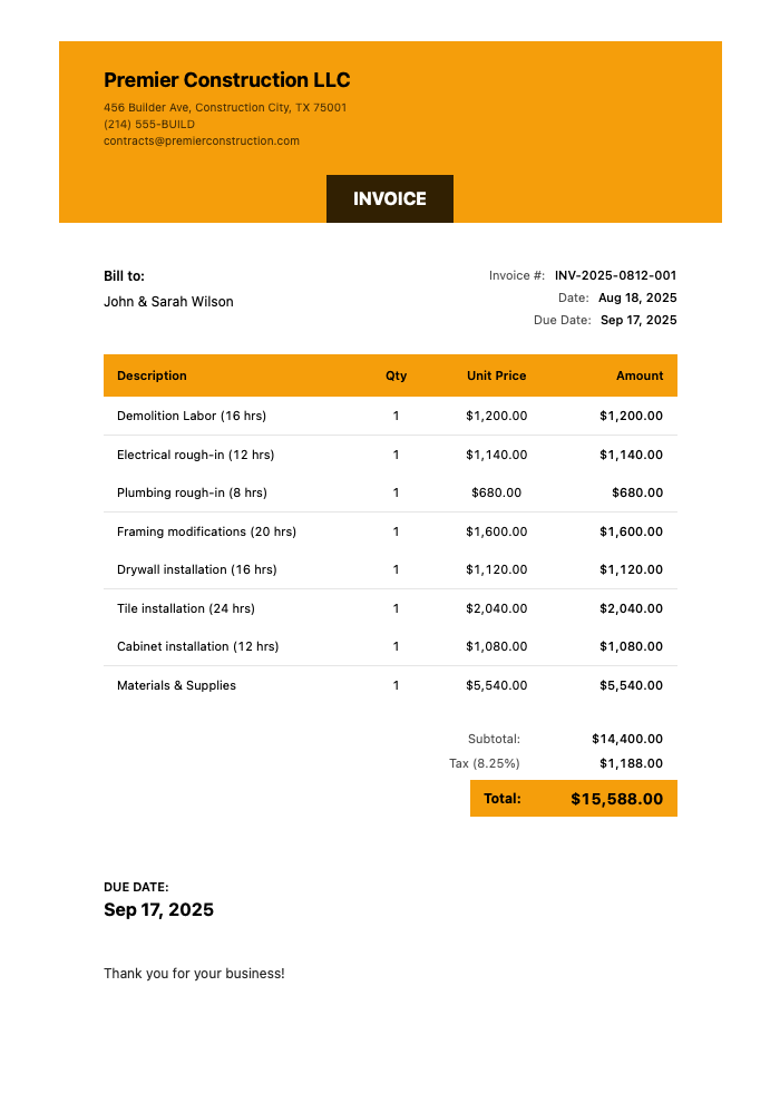 Professional Construction Invoice Example