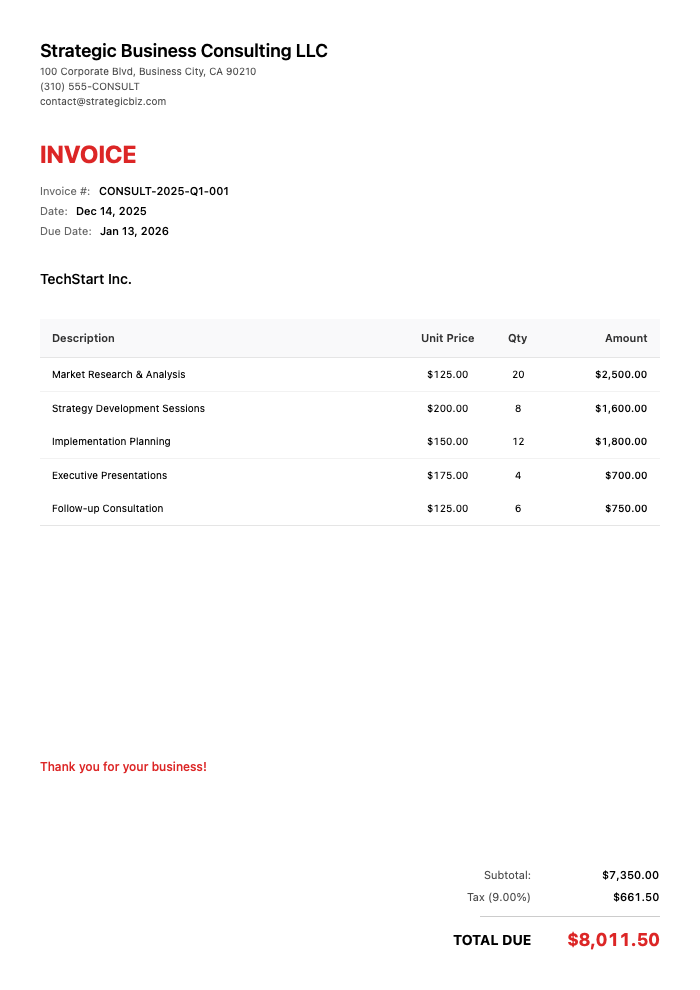 Professional Consulting Invoice Example