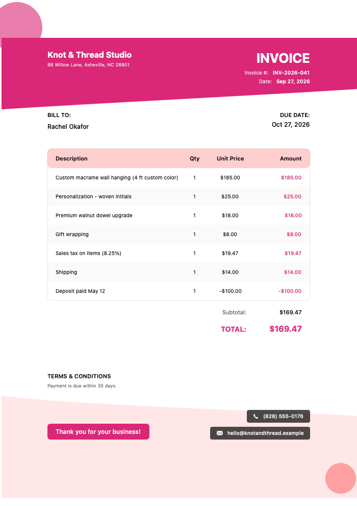 Etsy Seller Invoice Template Example — custom macramé wall hanging with personalization, dowel upgrade and gift wrap, sales tax, shipping and a $100 deposit credit, for a $169.47 balance
