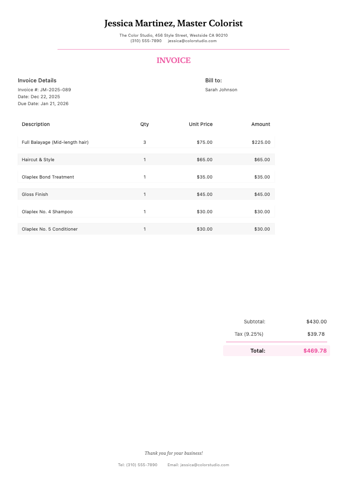 Professional Hair Stylist Invoice Template Example