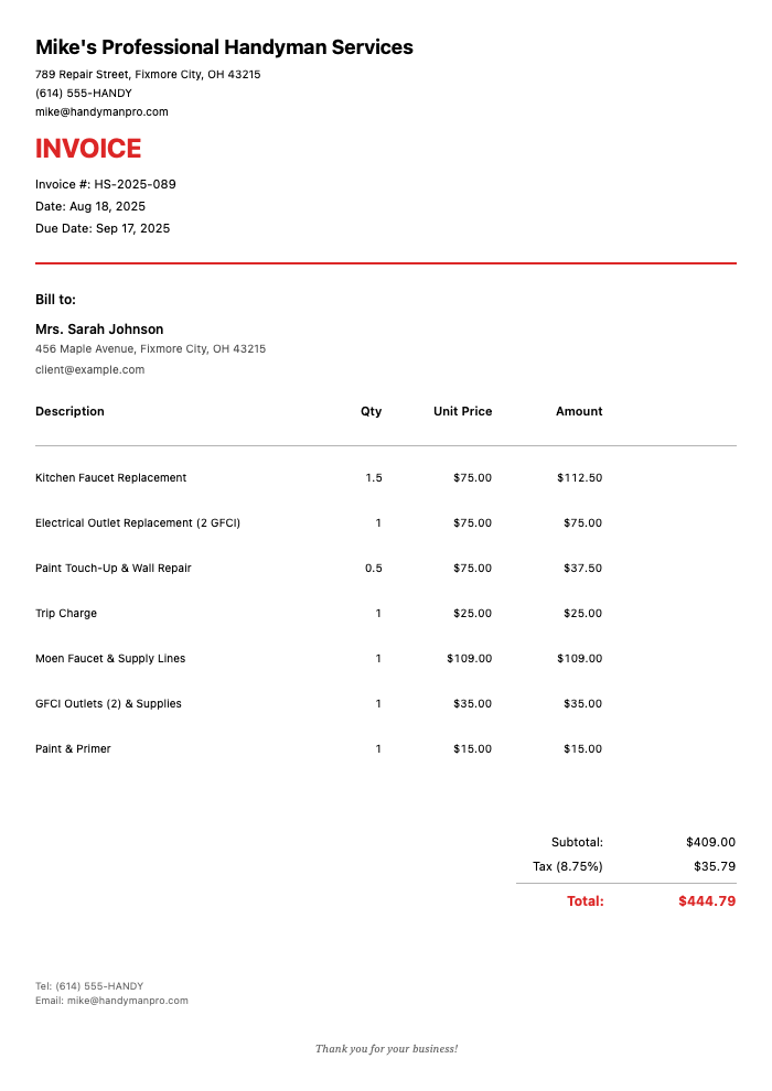 Professional Handyman Invoice Template Example