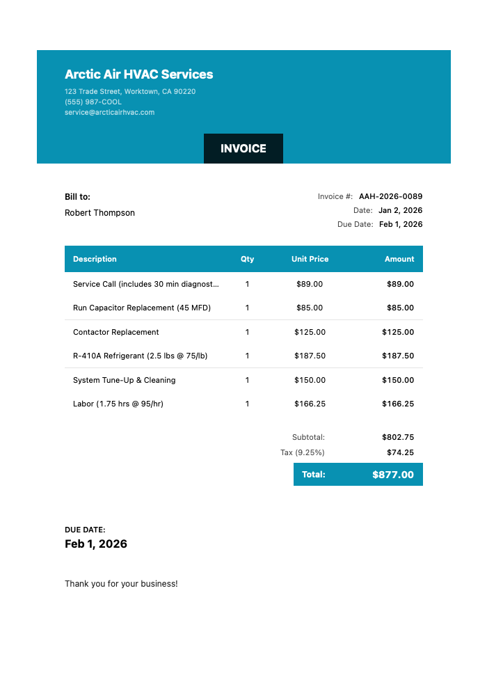 Professional HVAC Service Invoice Template Example