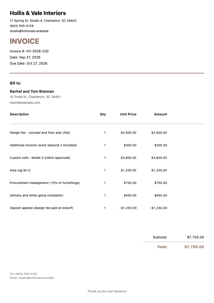 Interior Designer Invoice Template Example — design fee, extra revision round, custom sofa, area rug, procurement management, delivery and deposit credit