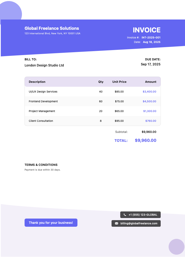 Professional International Client Invoice Example