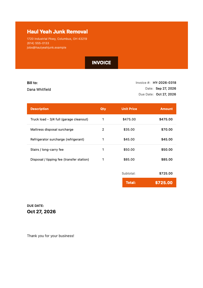 Junk Removal Invoice Template Example — 3/4 truck load garage cleanout with mattress and refrigerator surcharges, long-carry fee and transfer station tipping fee, totaling $725