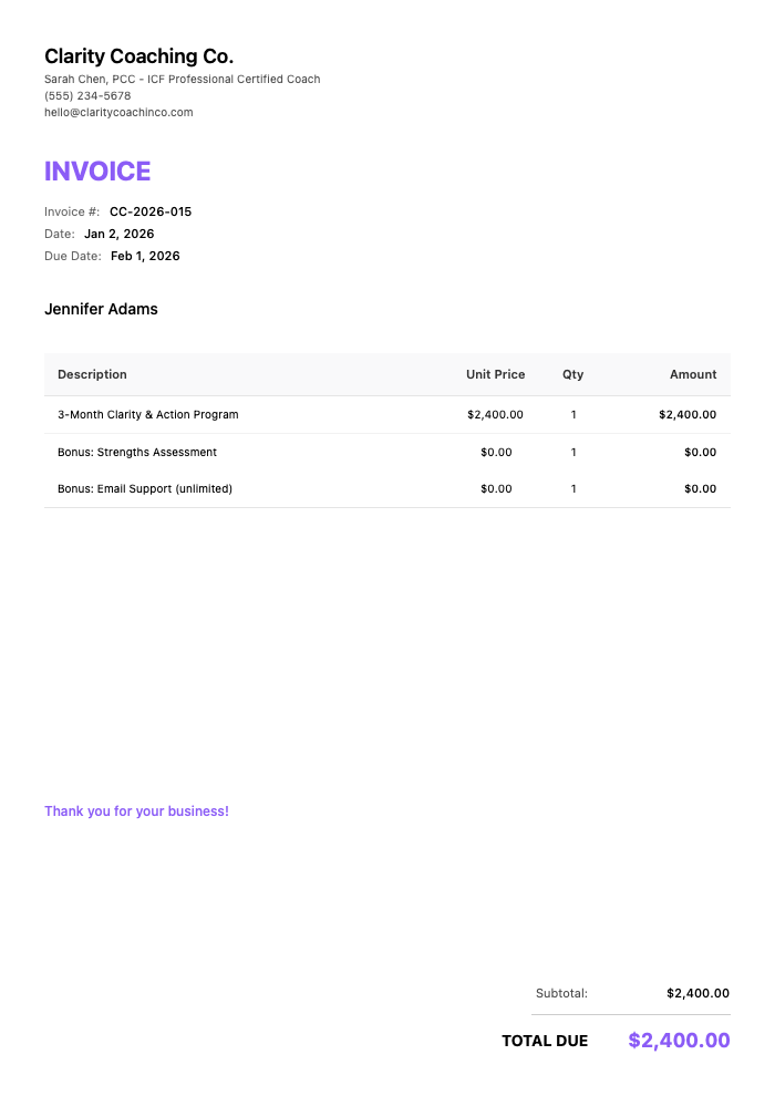 Professional Life Coach Invoice Template Example