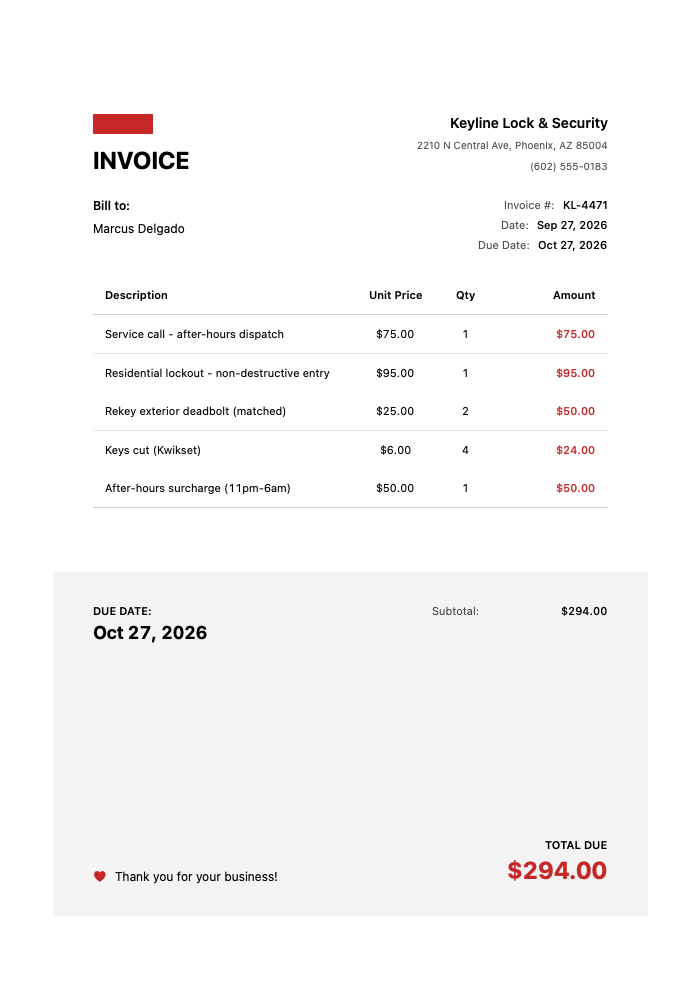 Locksmith Invoice Template Example — after-hours service call, non-destructive lockout, deadbolt rekey, keys cut and after-hours surcharge