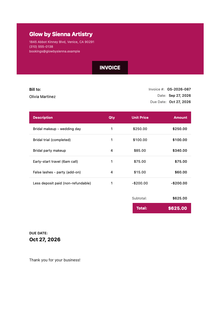 Makeup Artist Invoice Template Example — bridal makeup, trial, bridal party makeup, early-start travel, lash add-ons and deposit credit