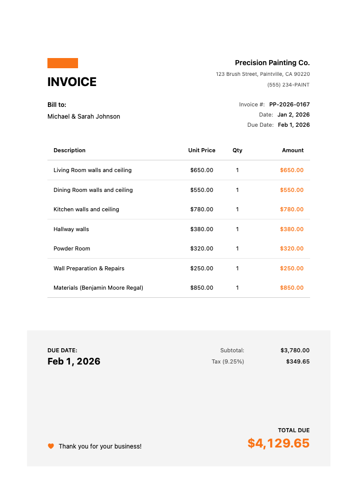 Professional Painting Contractor Invoice Template Example