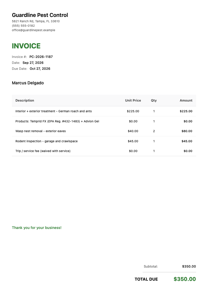 Pest Control Invoice Template Example — interior and exterior roach and ant treatment, products with EPA registration number, wasp nest removal, and rodent inspection