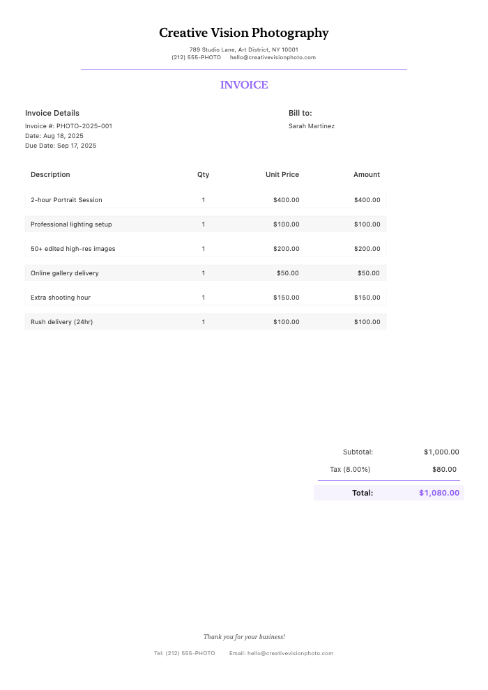 Professional Photography Invoice Example
