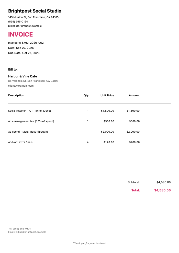 Social Media Manager Invoice Template Example — monthly Instagram and TikTok retainer, ads management fee, pass-through ad spend, and add-on Reels