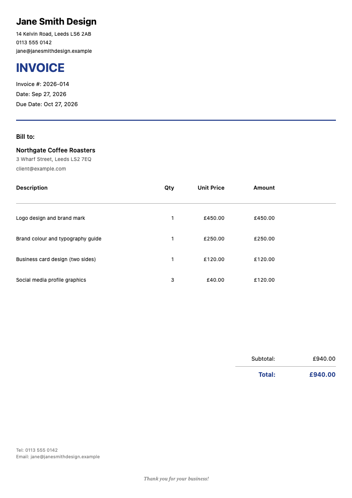 UK Sole Trader Invoice Template Example — non-VAT-registered designer billing a Leeds client for logo, brand guide, business cards and social graphics, totaling £940