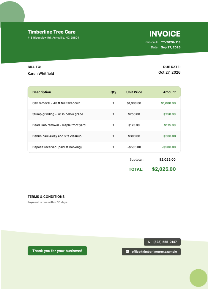 Tree Service Invoice Template Example — oak removal, stump grinding, dead limb removal, debris haul-away and deposit credit