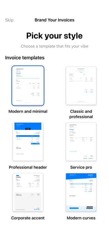Professional invoice templates and branding customization