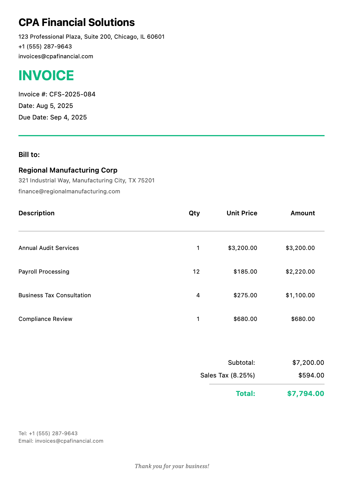 Invoice for Regional Manufacturing Corp