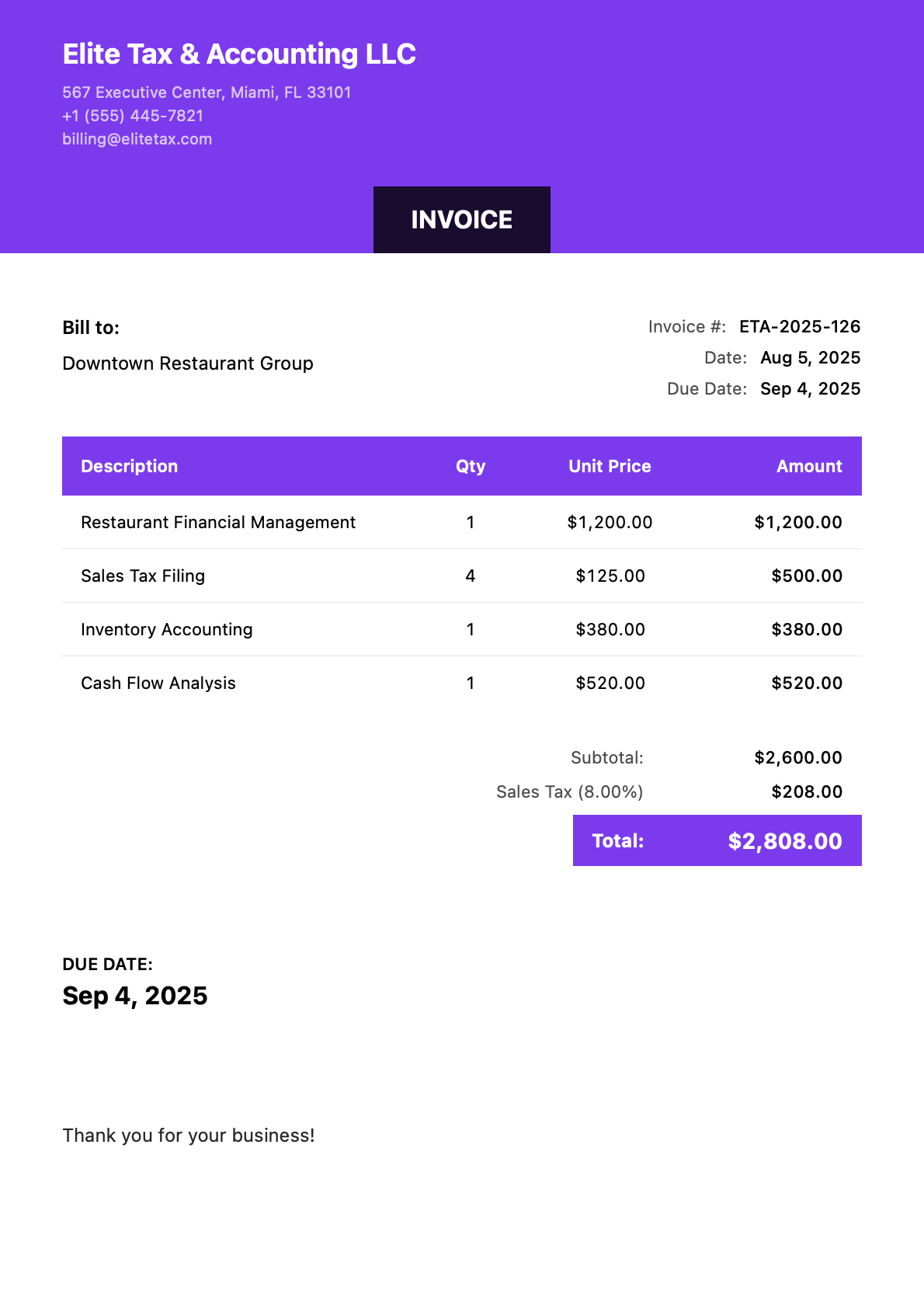 Invoice for Downtown Restaurant Group