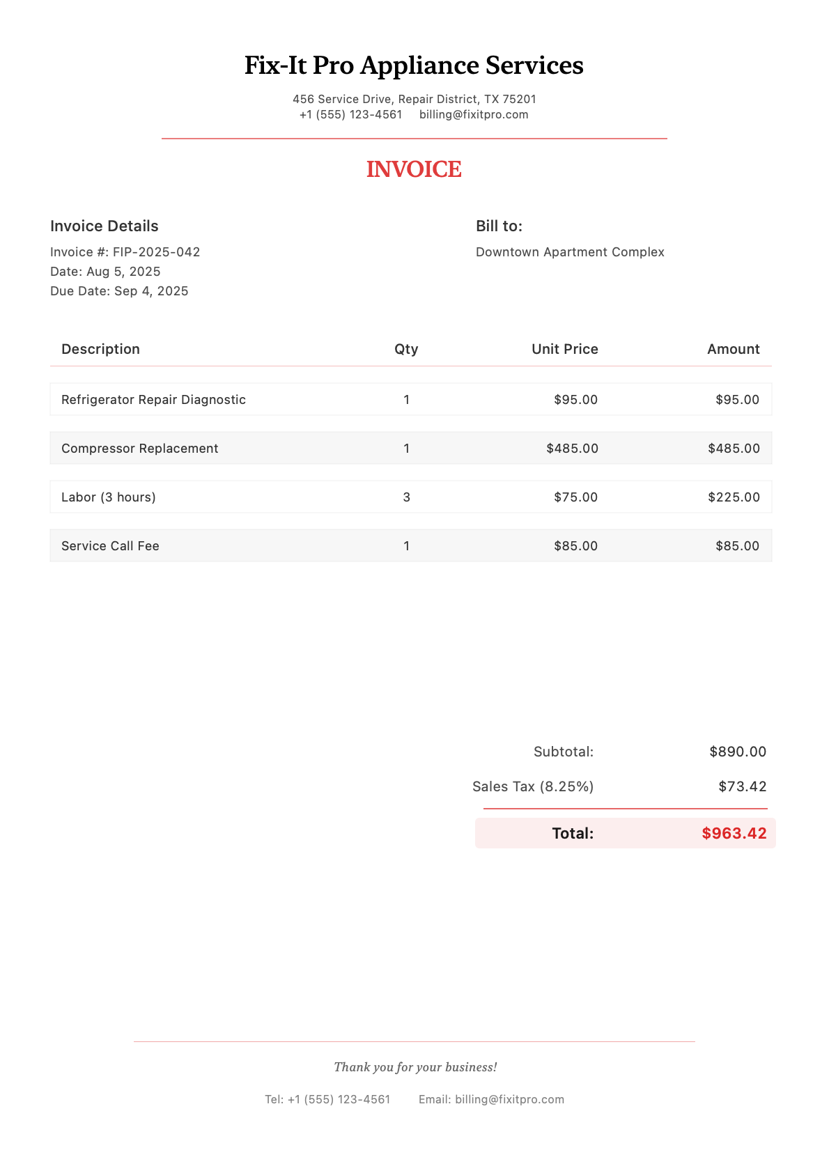 Sample appliance repair Invoice