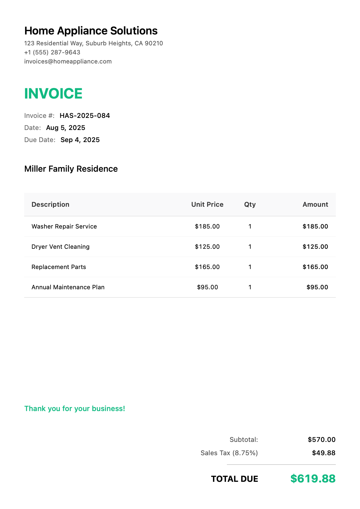 Invoice for Miller Family Residence
