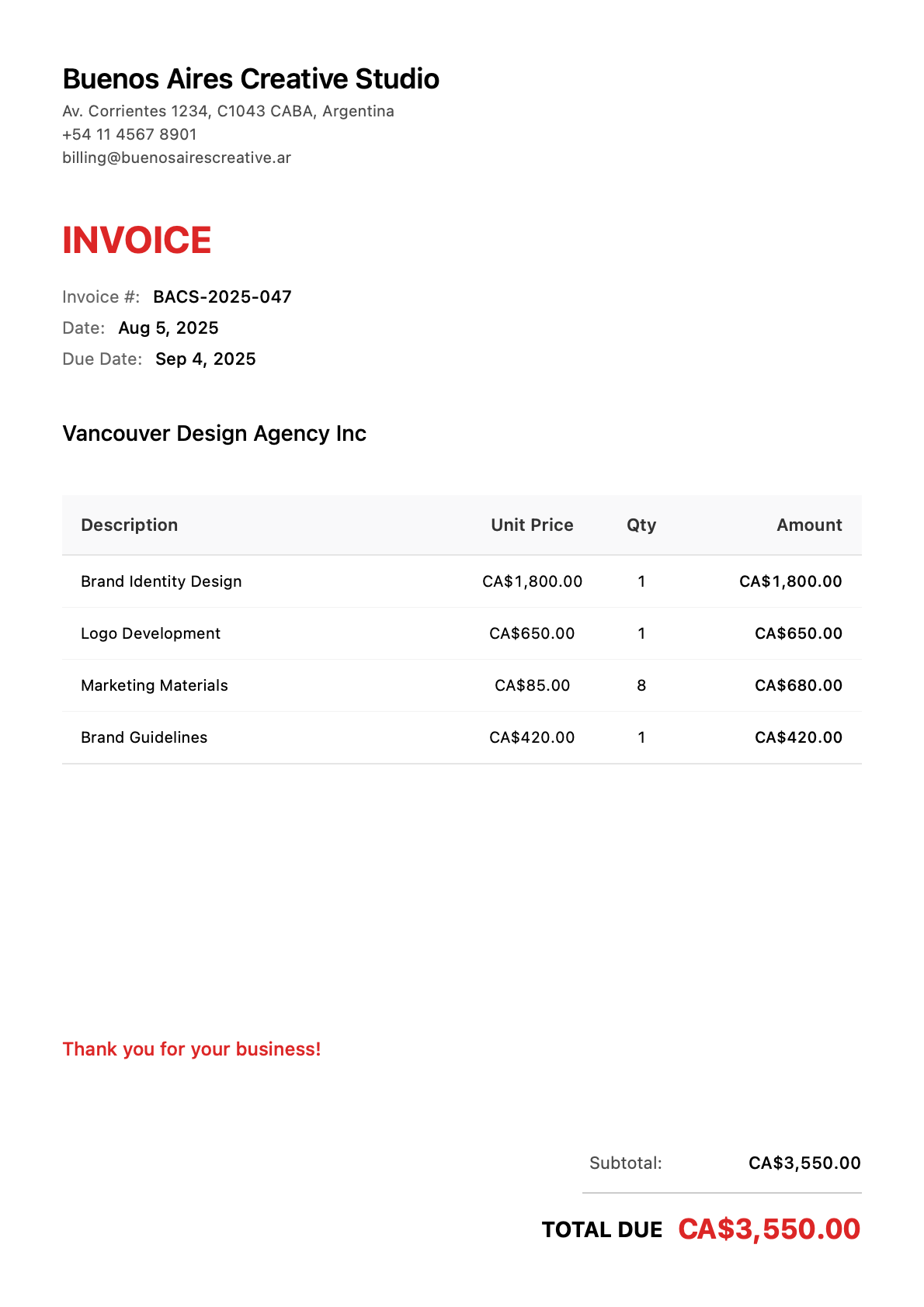 Invoice for Vancouver Design Agency Inc