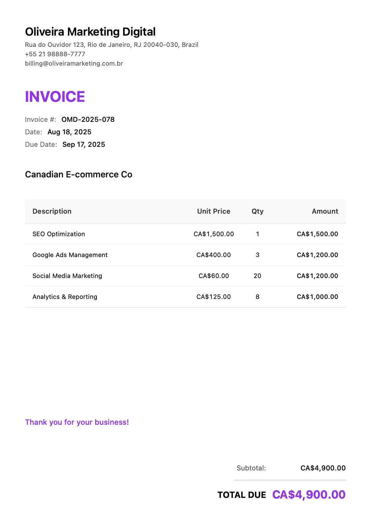 Invoice for Canadian E-commerce Co