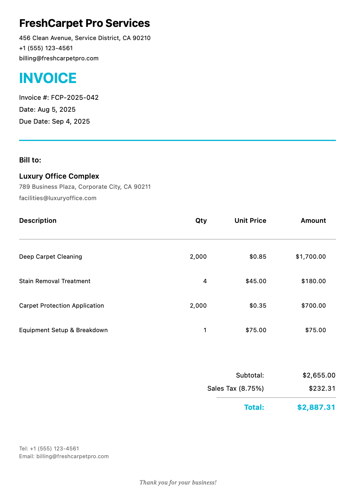 Sample carpet cleaning Invoice