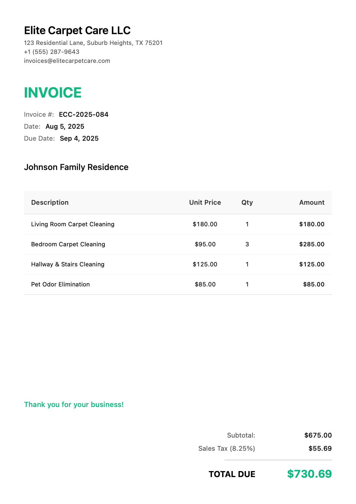 Invoice for Johnson Family Residence