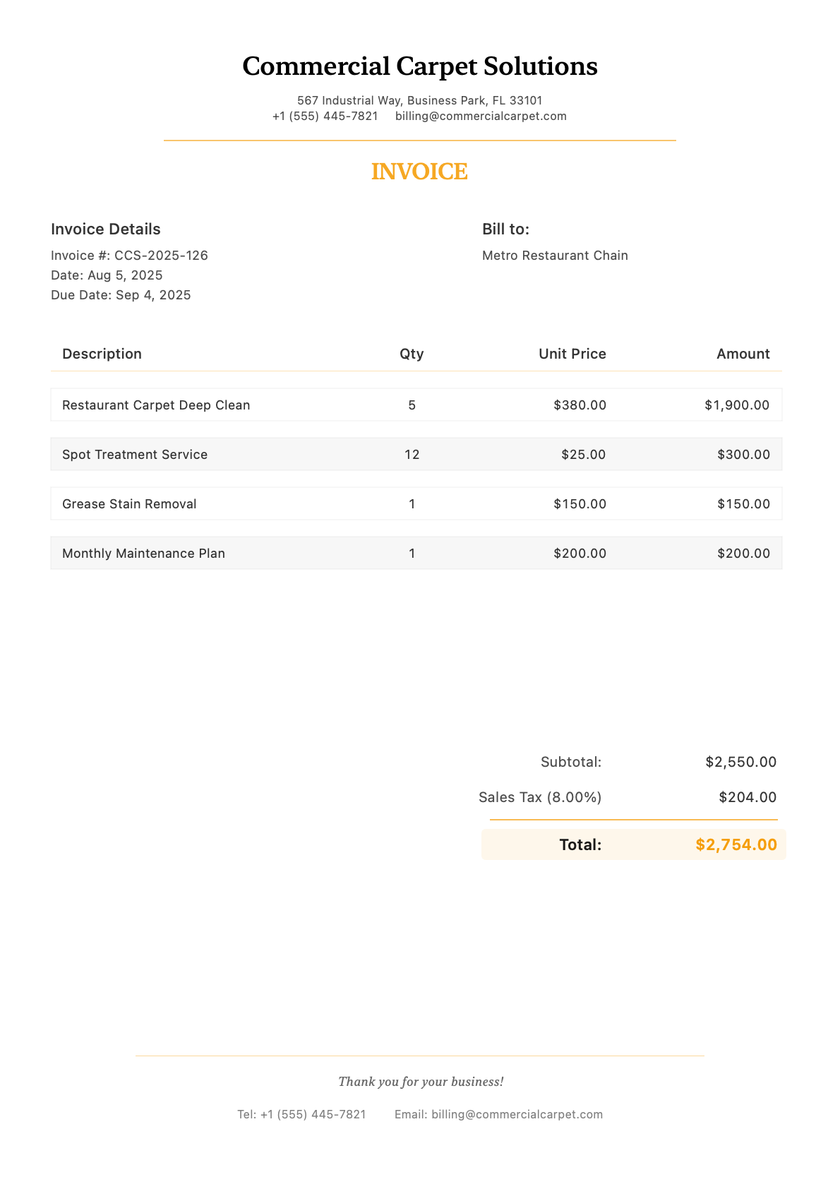 Invoice for Metro Restaurant Chain