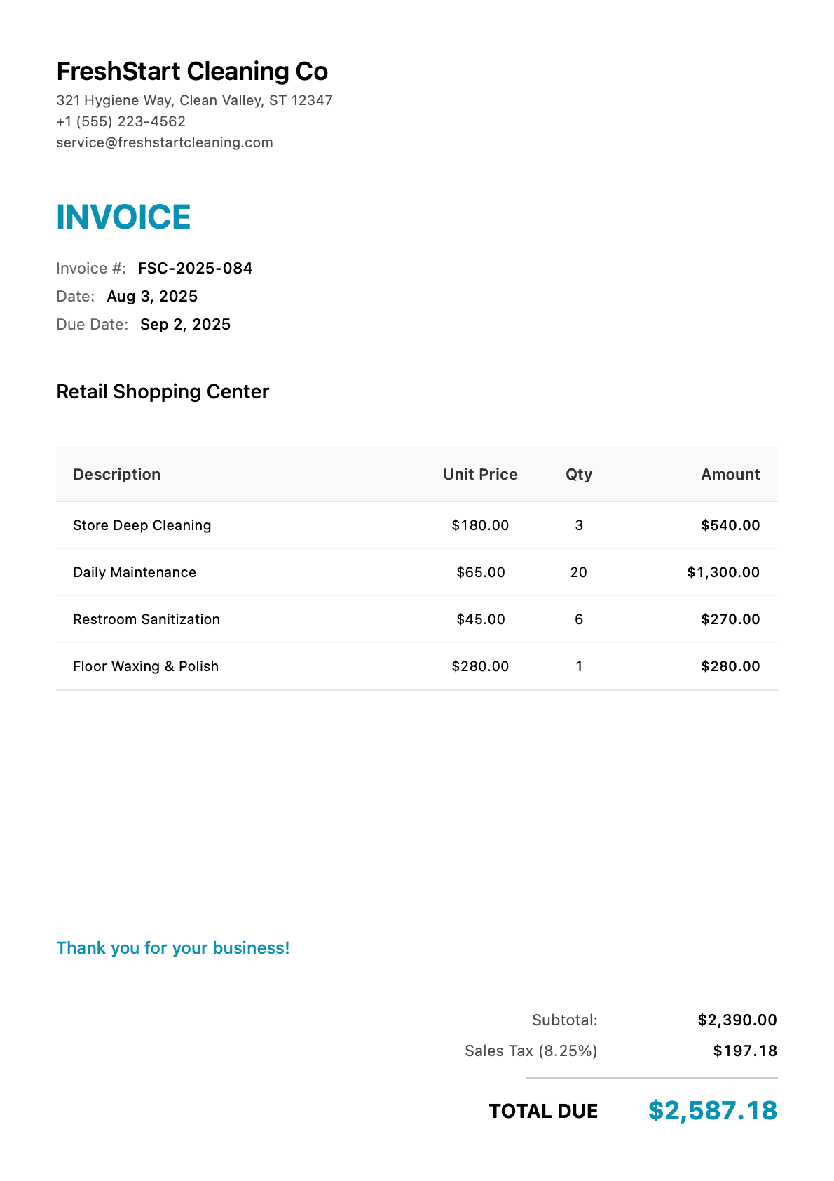 Invoice for Retail Shopping Center