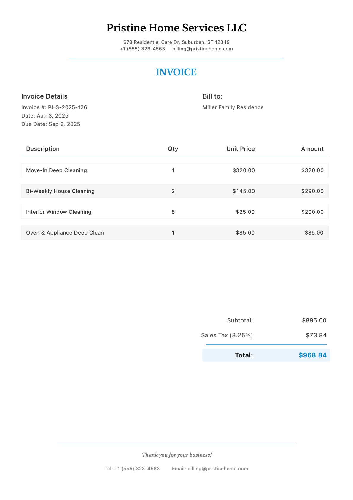 Invoice for Miller Family Residence
