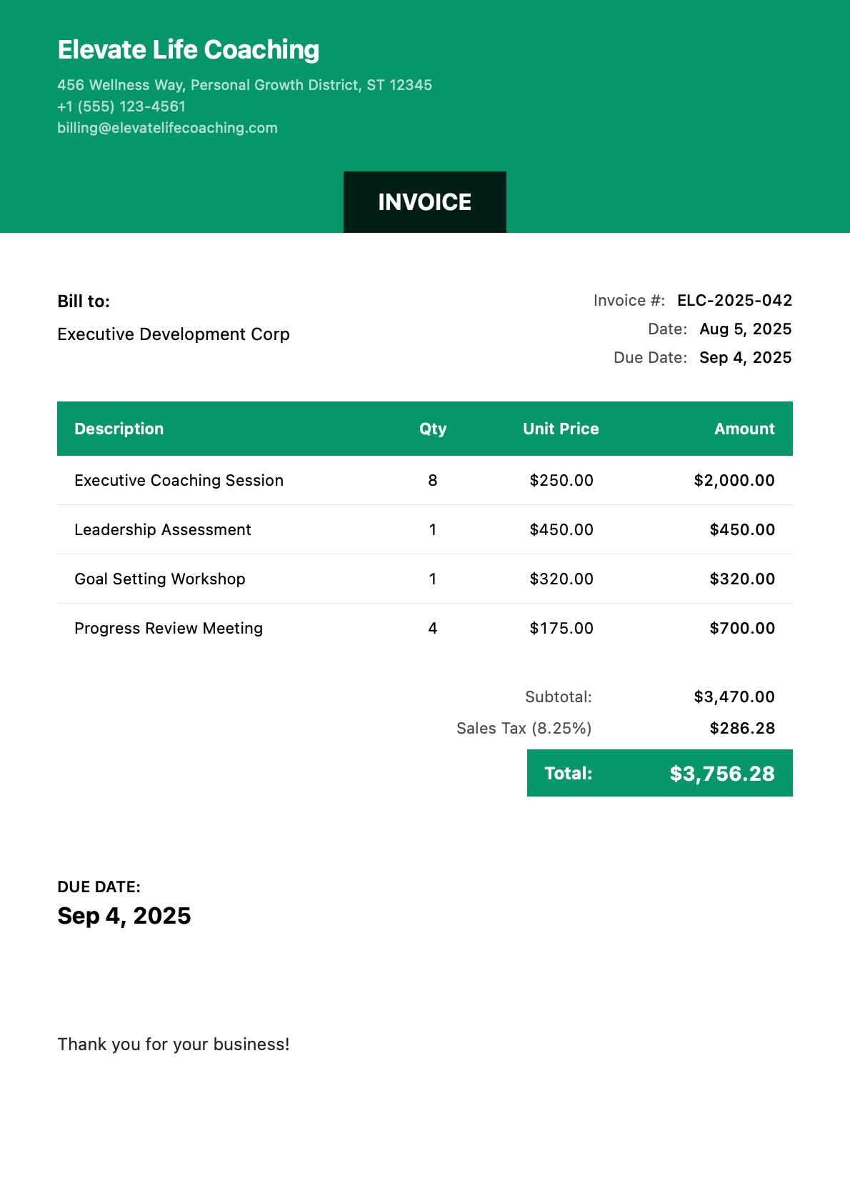 Sample coaching Invoice