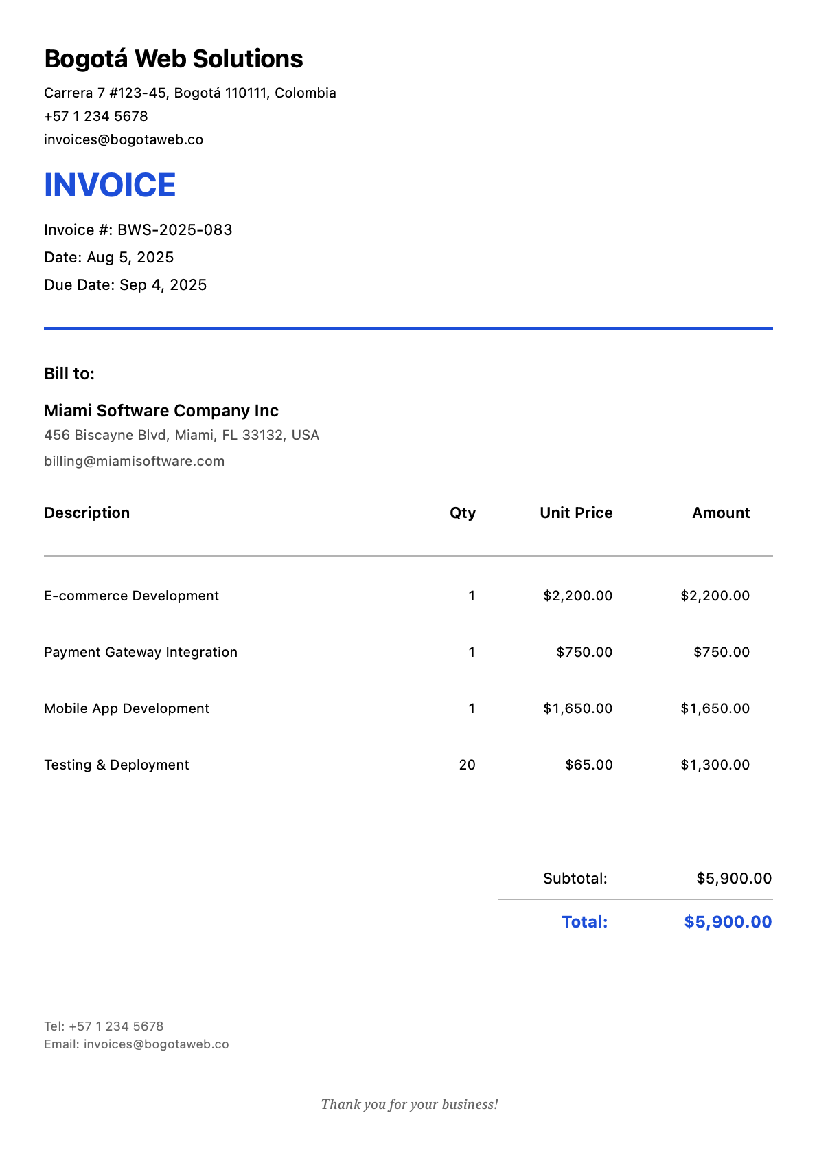 Invoice for Miami Software Company Inc