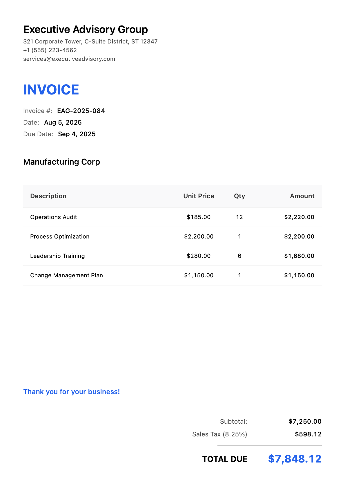 Invoice for Manufacturing Corp