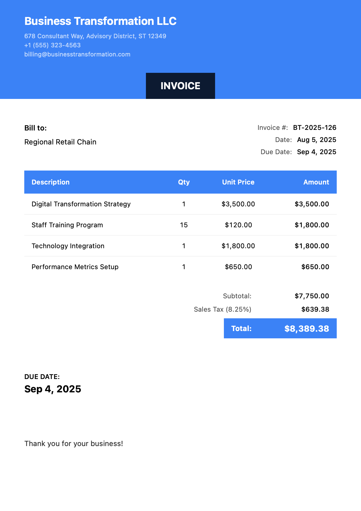 Invoice for Regional Retail Chain