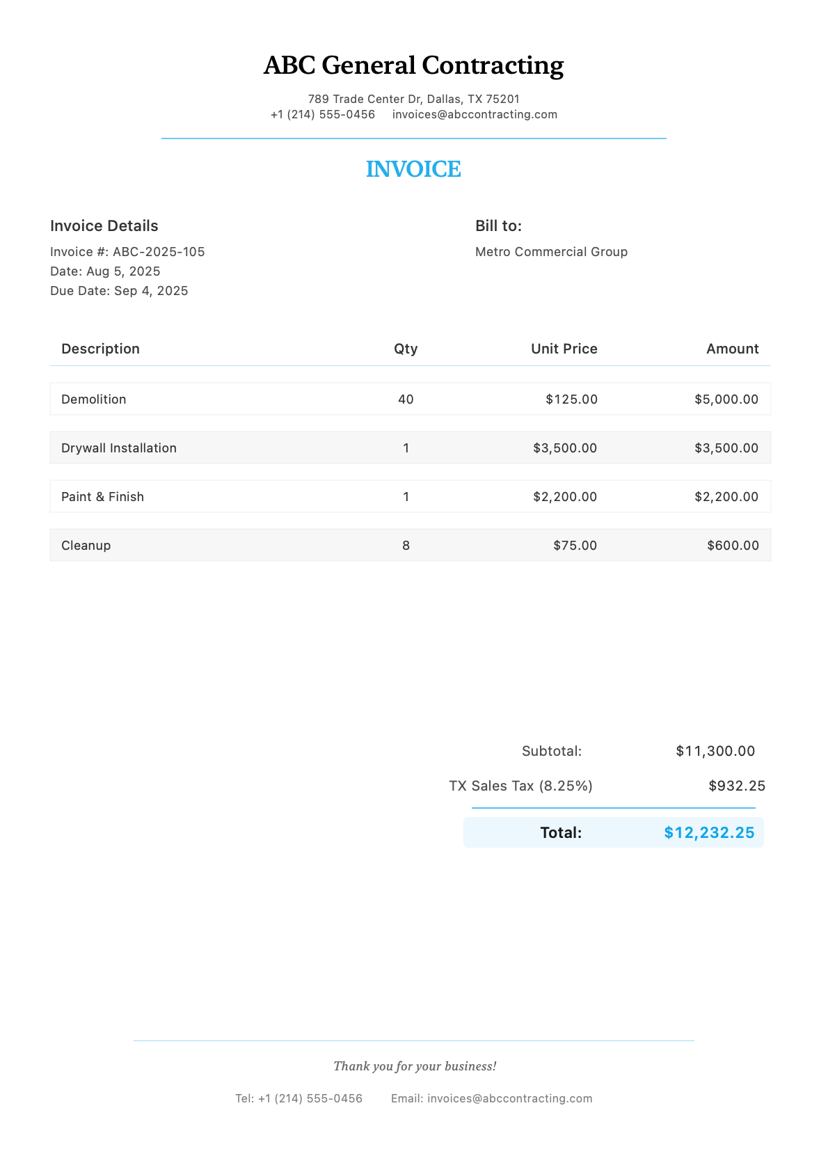 Invoice for Metro Commercial Group