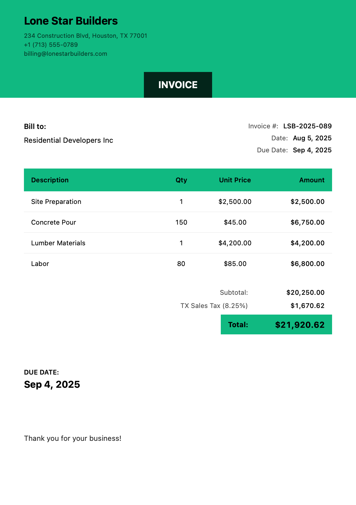 Invoice for Residential Developers Inc