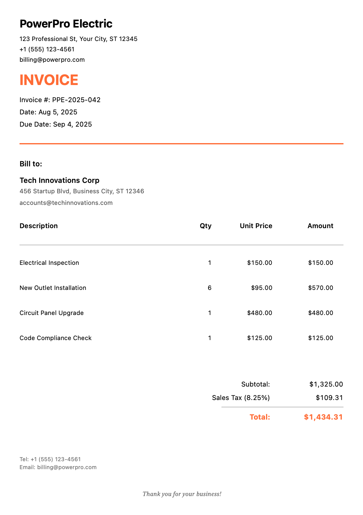 Sample electricians Invoice