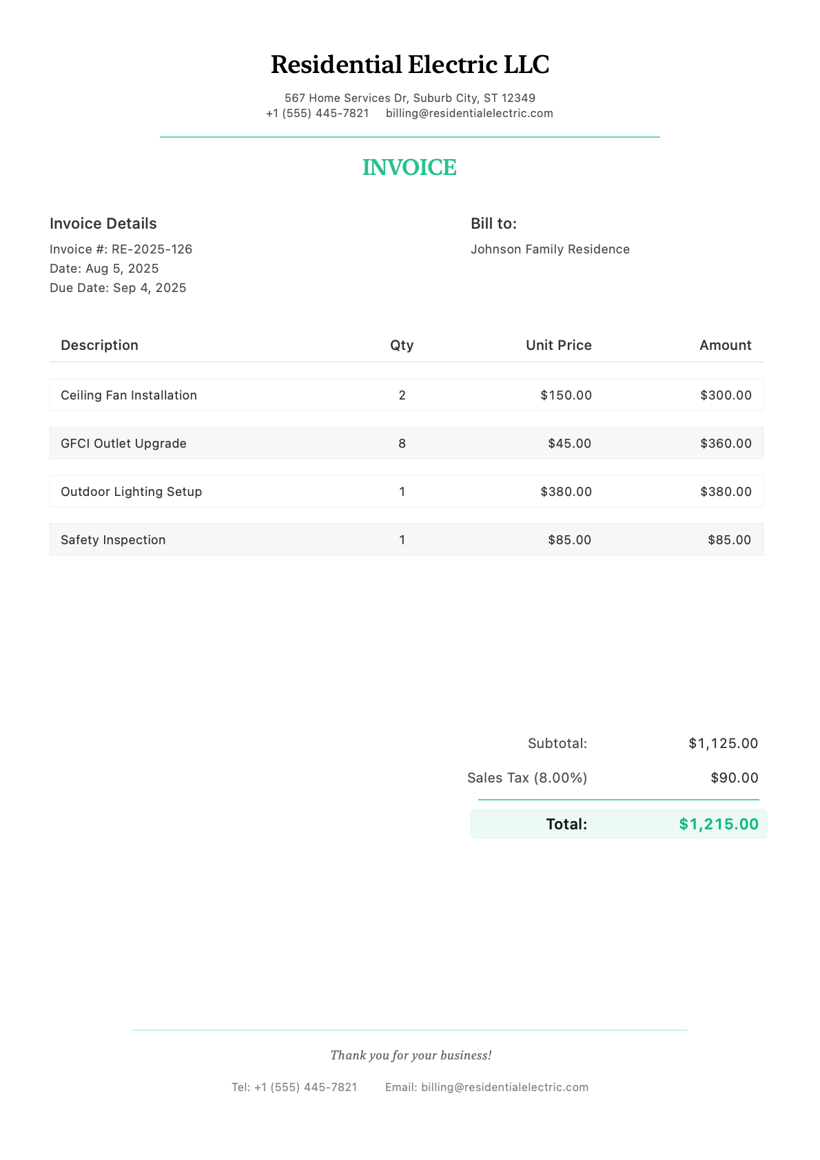 Invoice for Johnson Family Residence