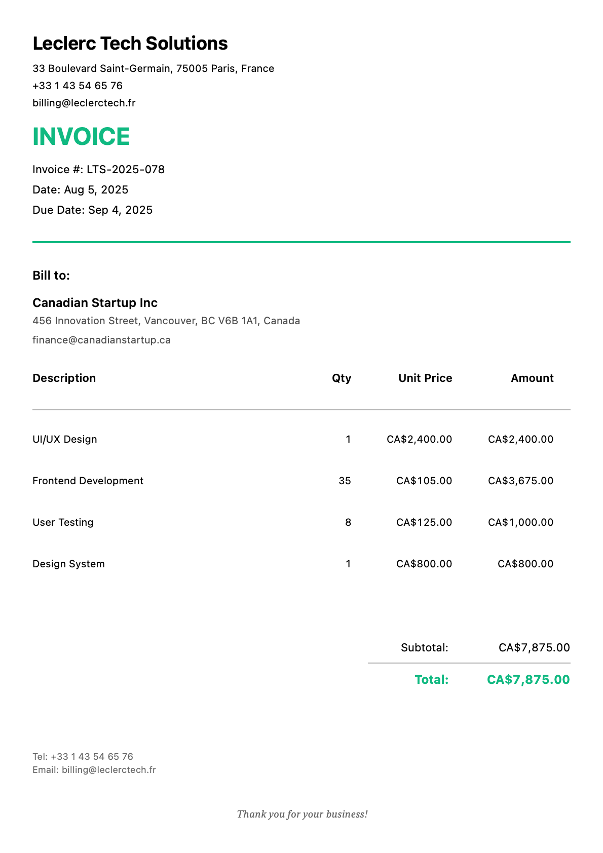 Invoice for Canadian Startup Inc