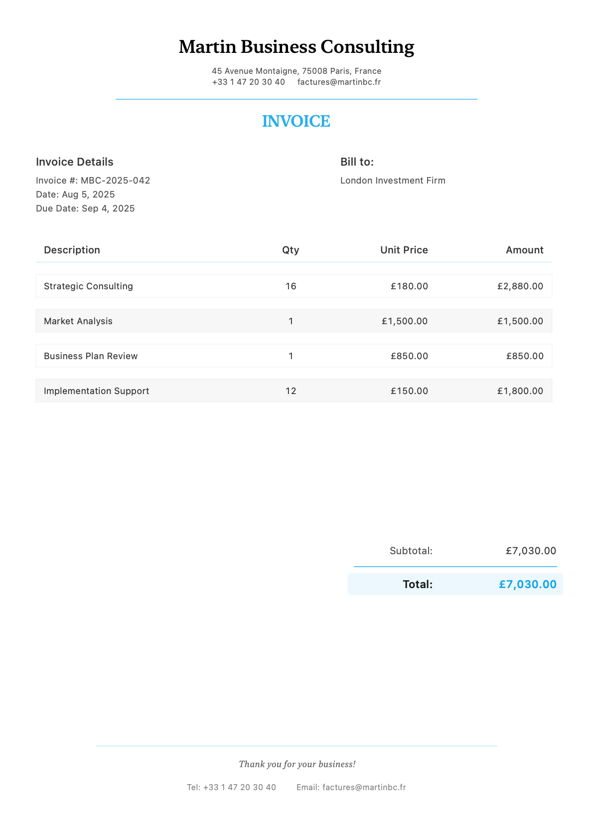 Invoice for London Investment Firm