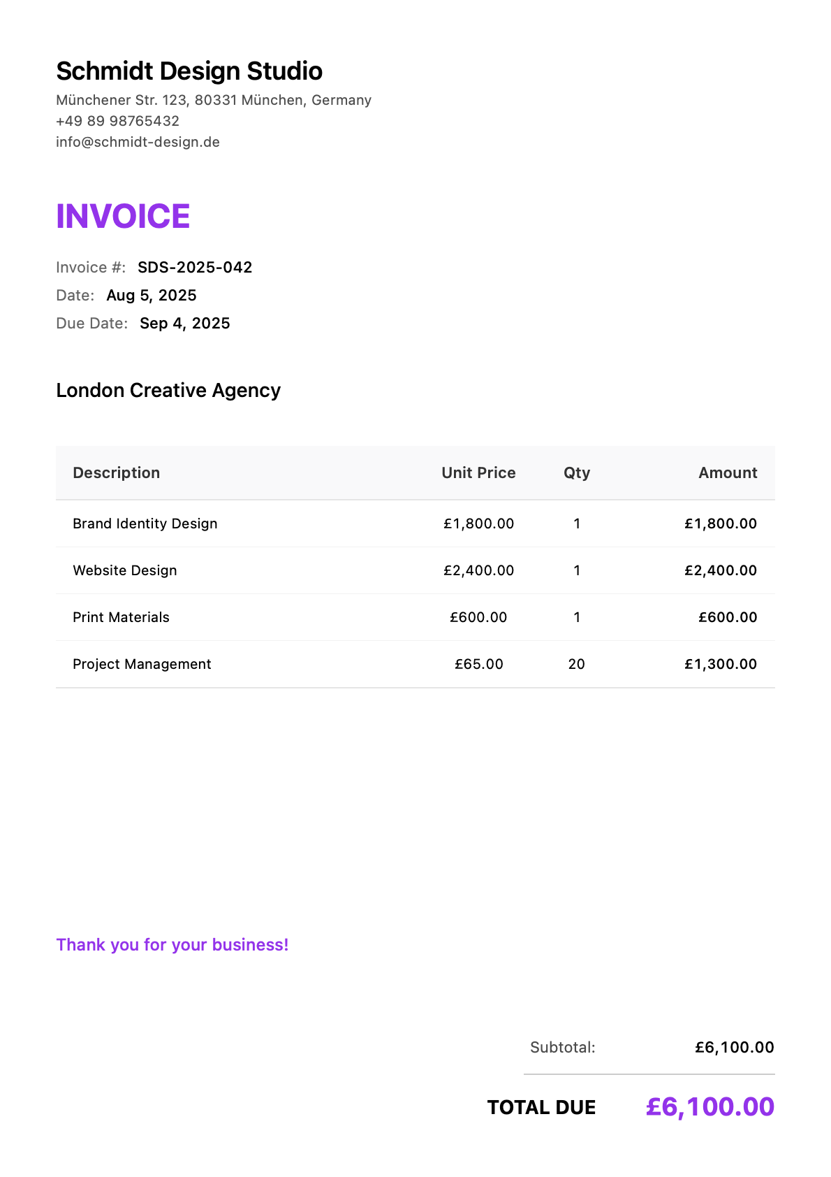 Invoice for London Creative Agency