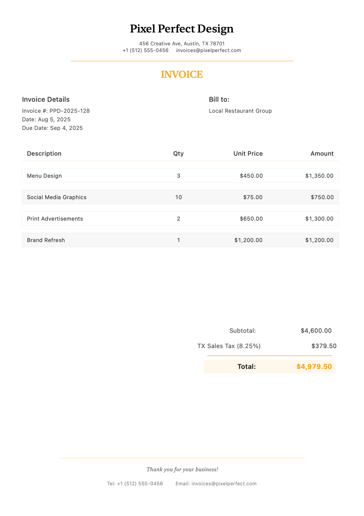 Invoice for Local Restaurant Group