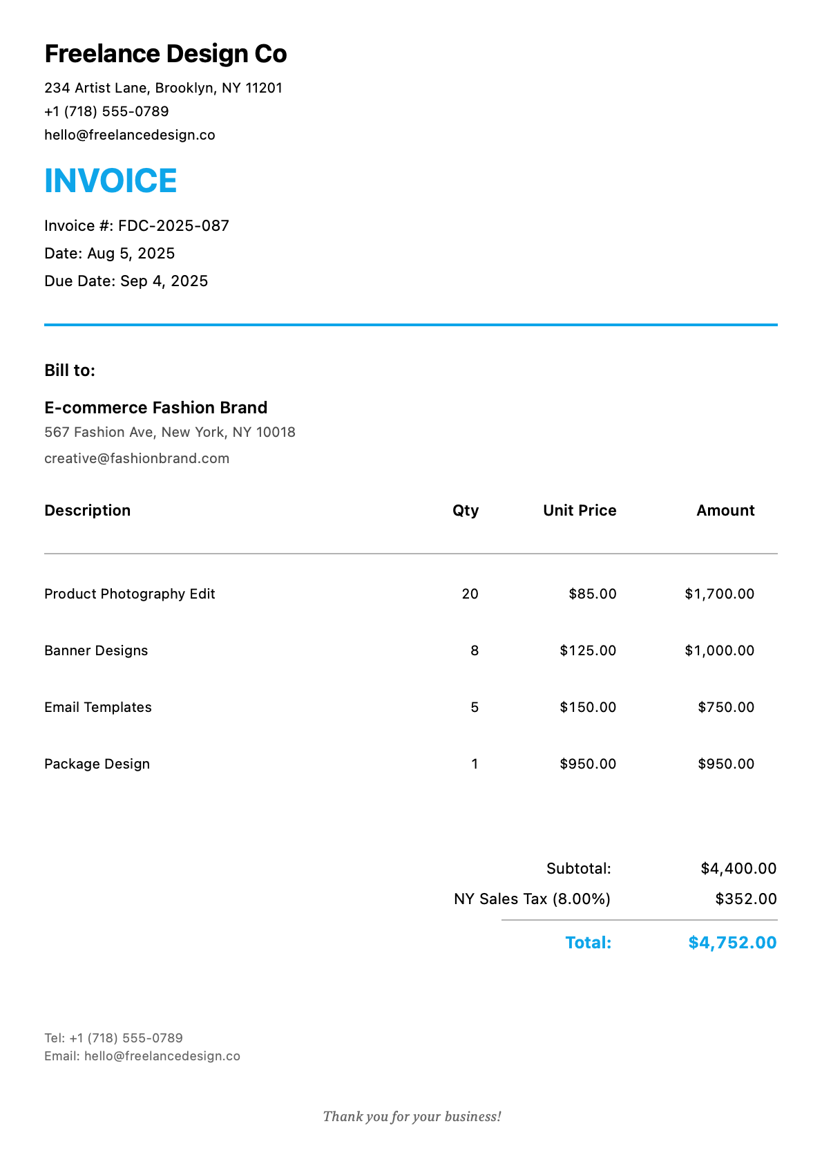 Invoice for E-commerce Fashion Brand