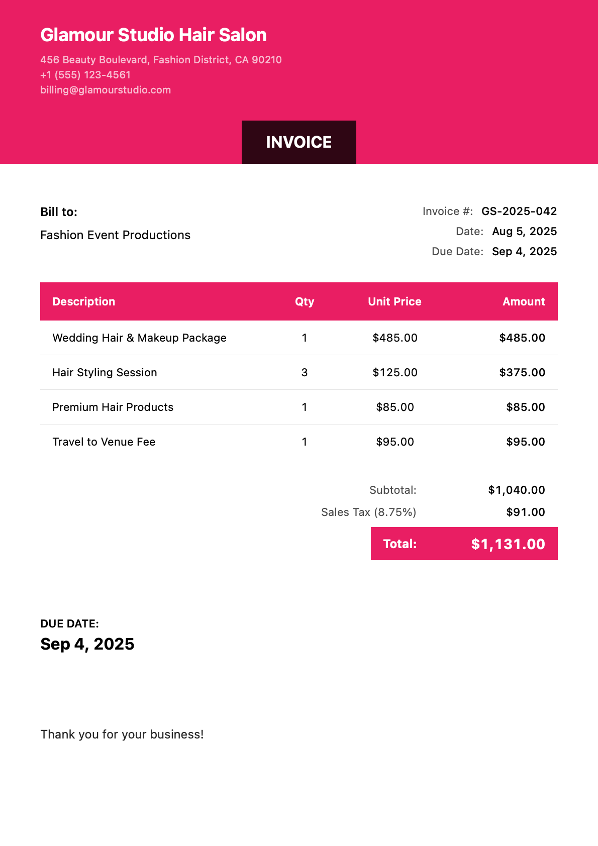 Sample hair styling Invoice
