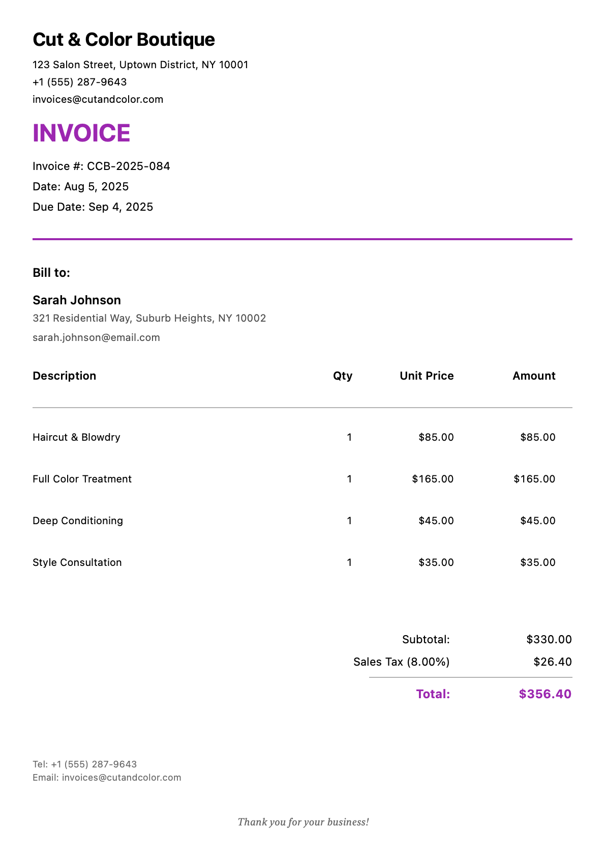 Invoice for Sarah Johnson