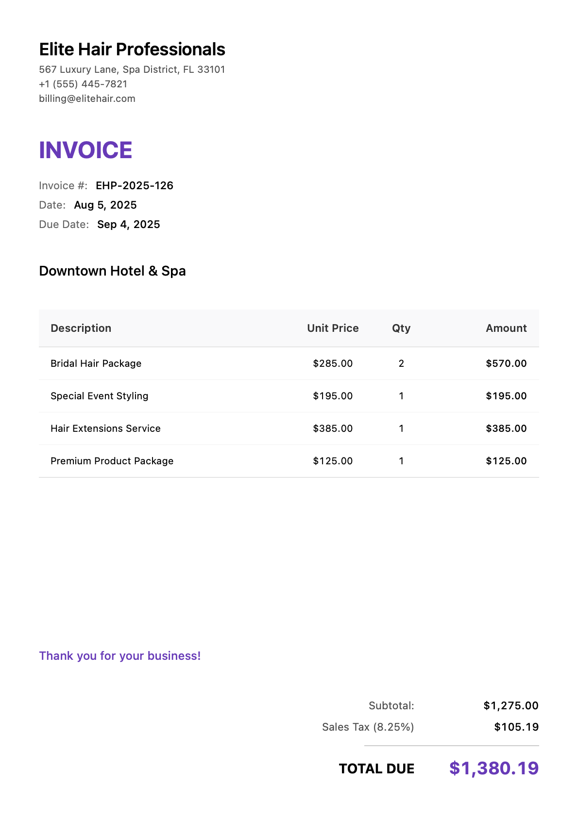 Invoice for Downtown Hotel & Spa