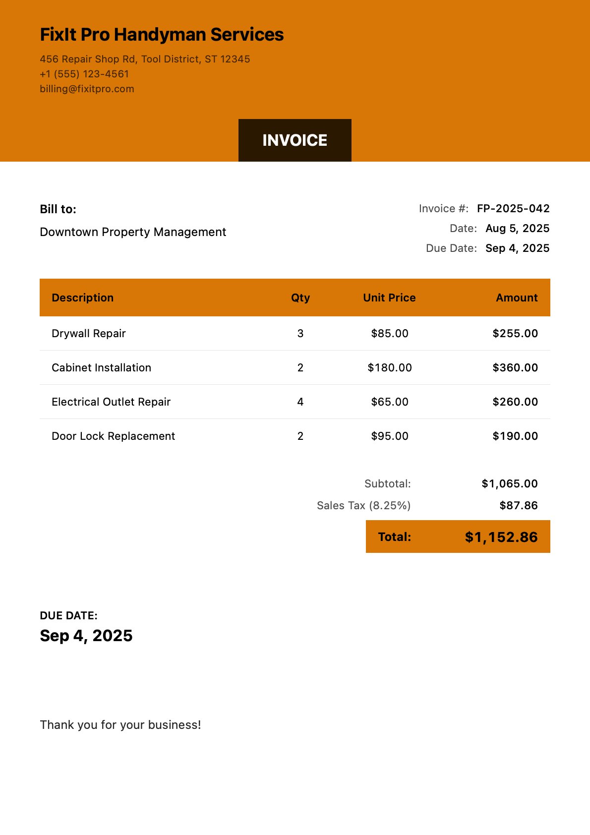 Sample handyman Invoice
