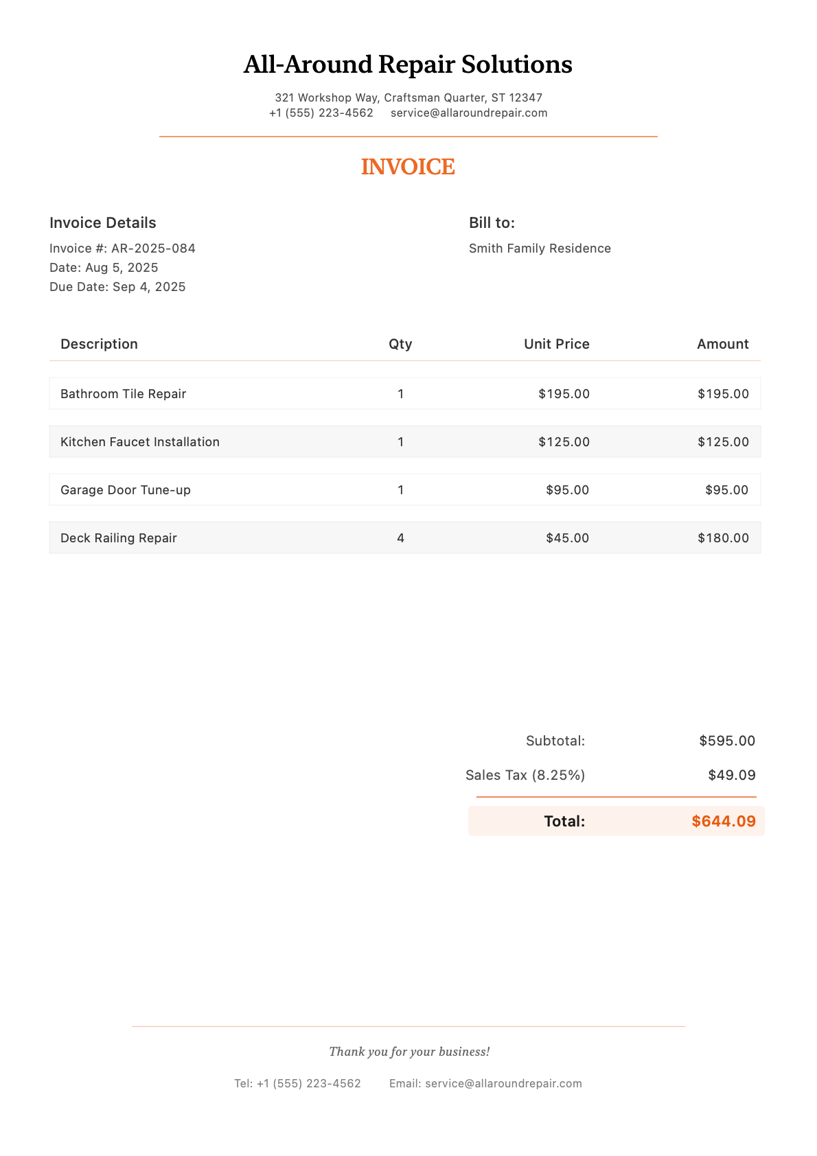 Invoice for Smith Family Residence